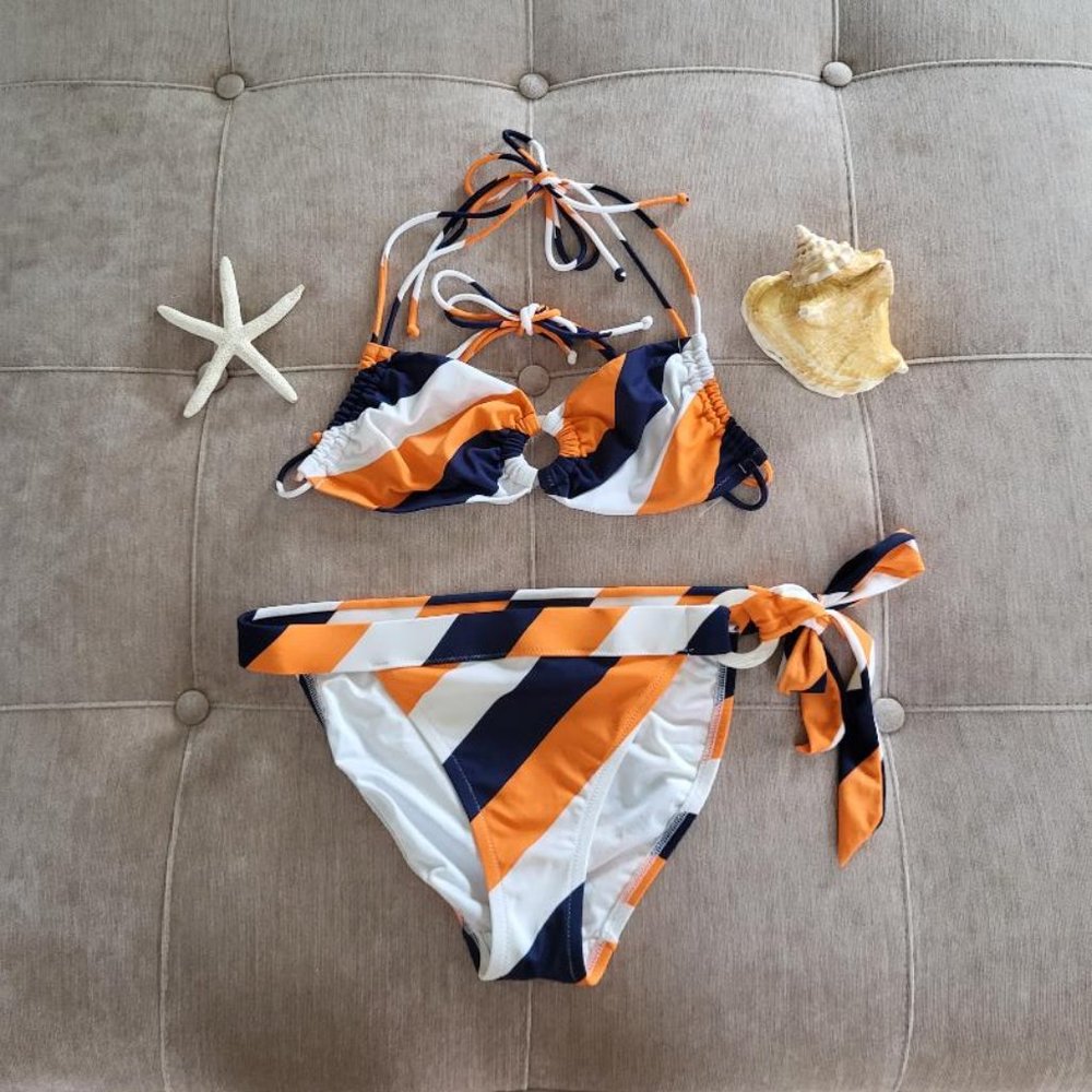 Navy Blue and Orange Sexy String Bikini Small